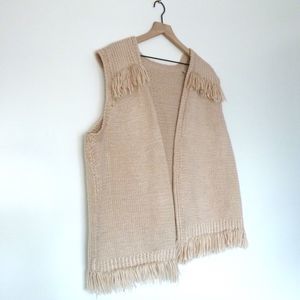 Handmade Knit Vest Open Front Fringe Trim Waistcoat Women's XL Boho Hippy